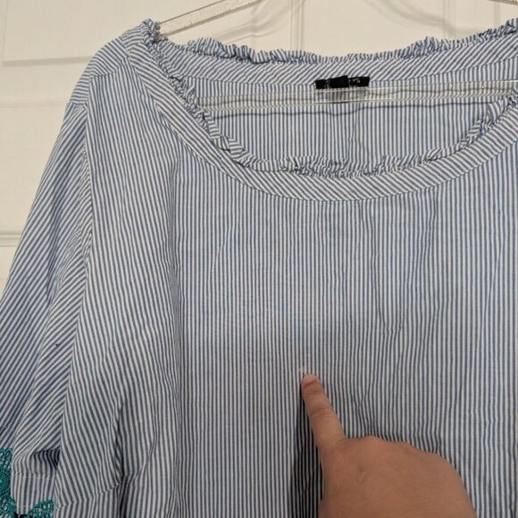 Talbots Stripe Shirt Womens Size 2X Blue 3/4 Sleeves Boho Lace Ruffle Cotton - Picture 3 of 15